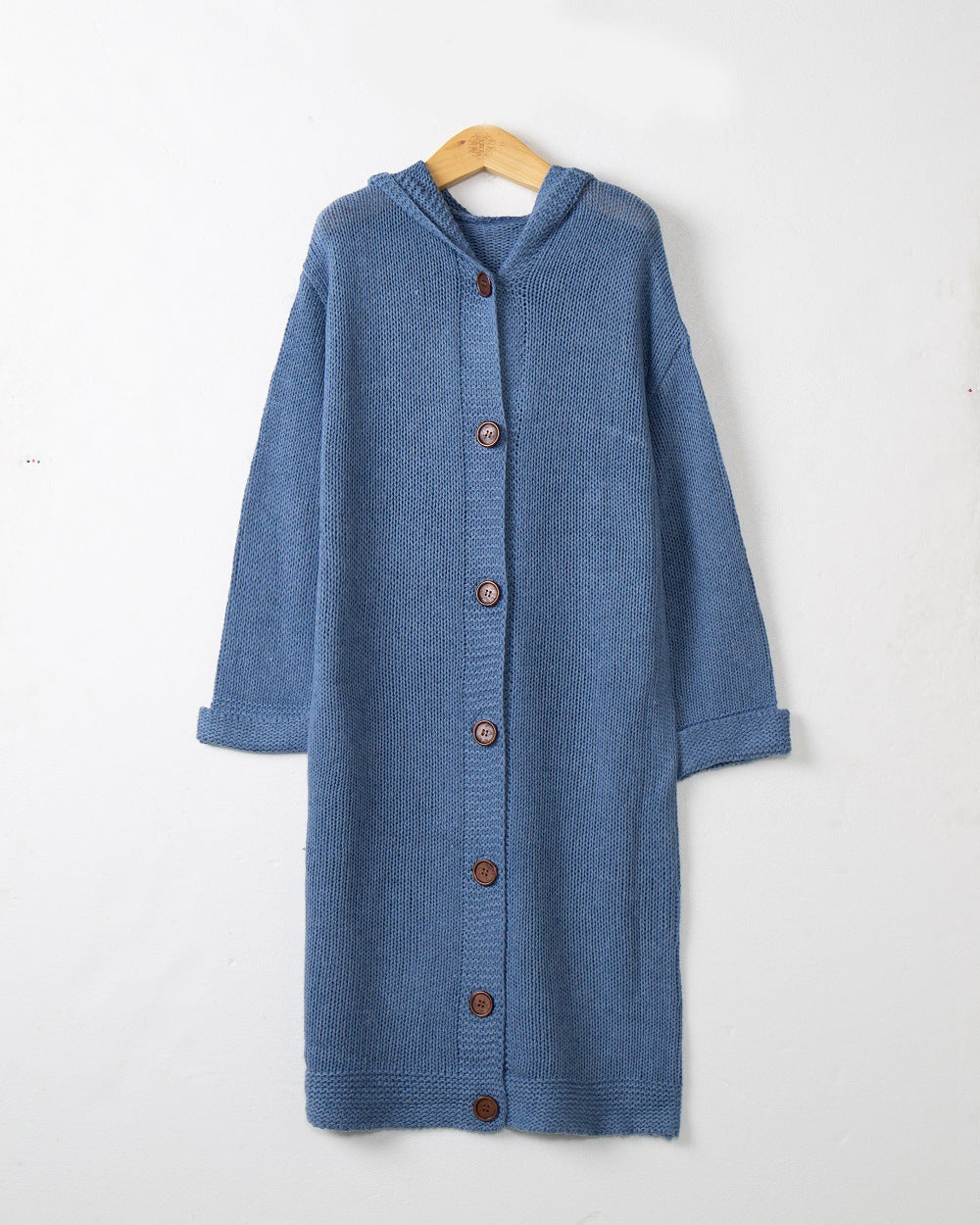 Women's Hooded Long Cardigan made of medium-thick ribbed knit with a full button placket and loose oversized cut Mune Fashion