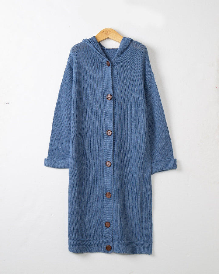 Women's Hooded Long Cardigan made of medium-thick ribbed knit with a full button placket and loose oversized cut Mune Fashion