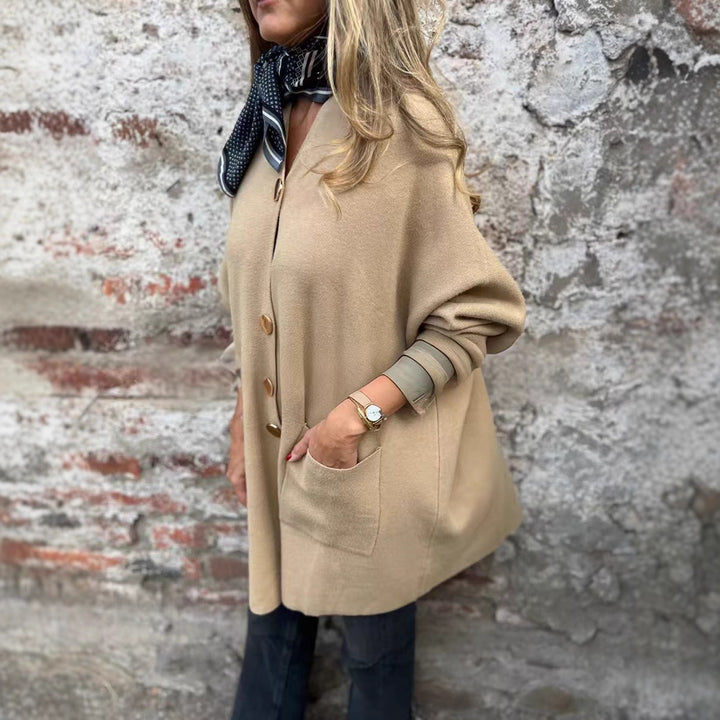 Women Oversized Knit Coat-Cardigan with Sewn Pockets and Decorative Buttons Mune Fashion
