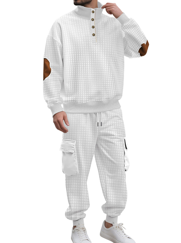 Men's check relief sweat set with stand collar button placket, velour elbow patches and cargo jogger Mune Fashion