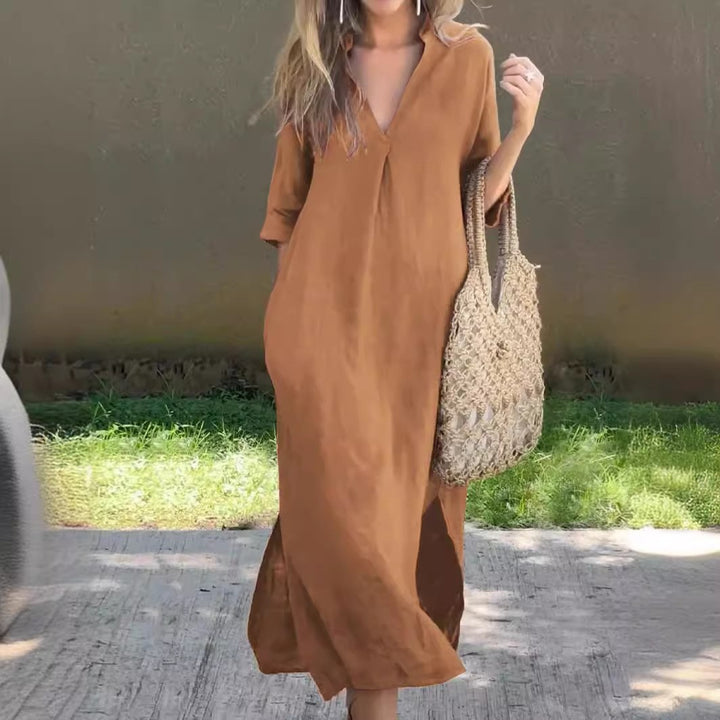 Women's Casual Maxi Dress with Concealed V-Neck Mune Fashion