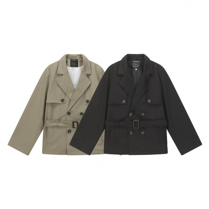 Unisex Short Double Blouson Trench Coat with Waist Belt and Boxy Silhouette Mune Fashion