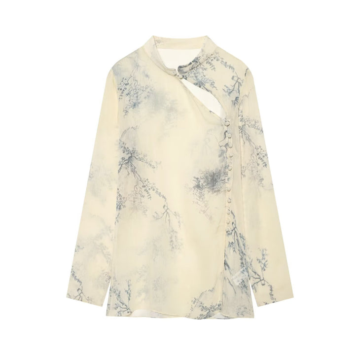 Women Casual Silk-Look Tunic with Mandarin Collar, Asymmetrical Button Placket and Delicate Landscape Print Drune