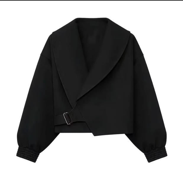 Women's 40+ Cropped Wrap Blouse with Oversized Balloon Sleeves and Asymmetrical Buckle Closure Mune Fashion