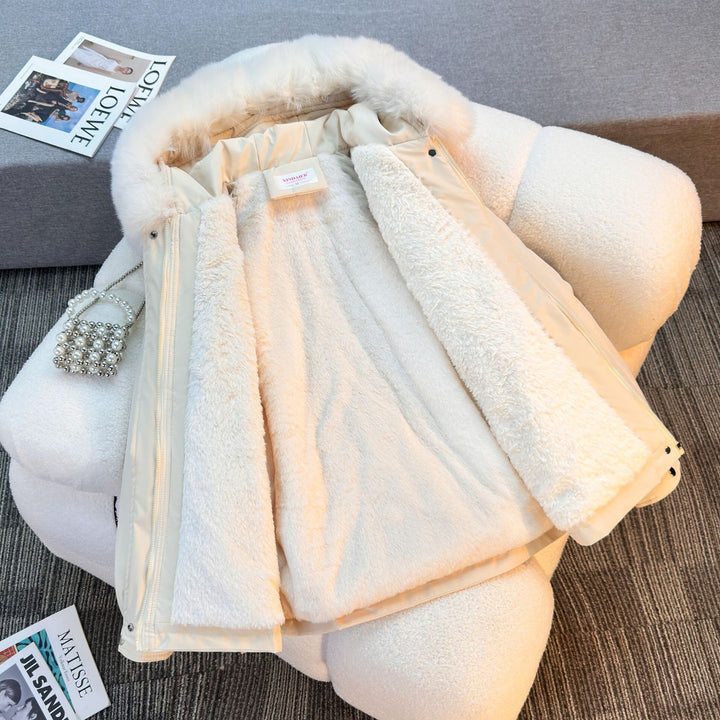 Women's short padded parka with faux fur collar, teddy lining, drawstring waist, and multifunctional pockets Mune Fashion