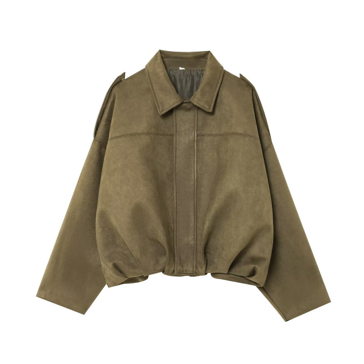 Women's Cropped Suede Look Blouson Jacket with Waist Smocking and Shoulder Patches Mune Fashion