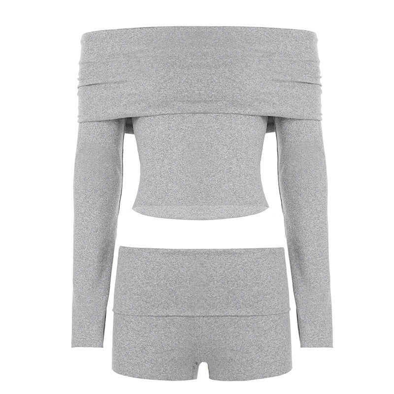 Women's Off-Shoulder Lounge Set with Long Sleeve Crop Top and High Waist Shorts made of Stretch Jersey Mune Fashion