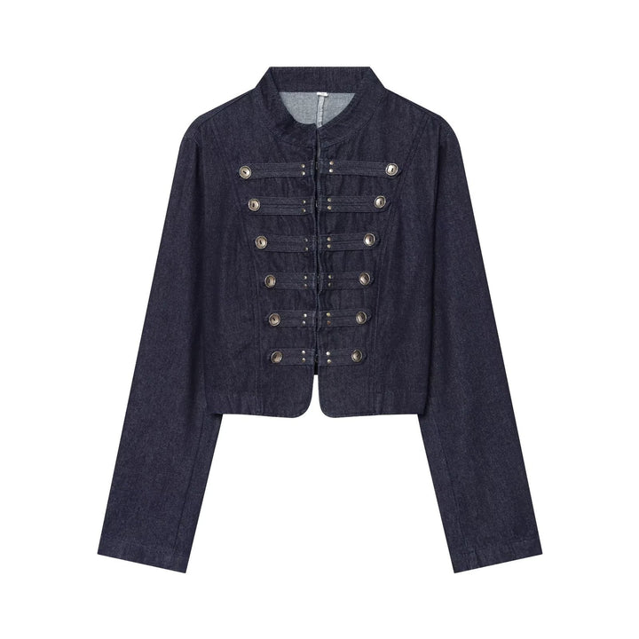 Women short denim military jacket with stand-up collar and decorative button placket Mune Fashion