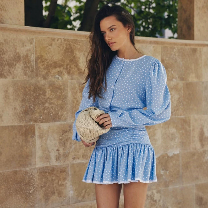 Women's Playful Polka Dot Two-Piece with Ruffled Mini Skirt and Puff Sleeves Mune Fashion