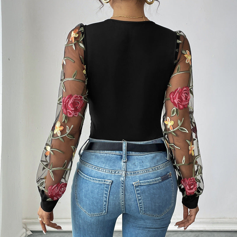 Women's Embroidered Mesh Body with V-Neck and Transparent Floral Sleeves Mune Fashion