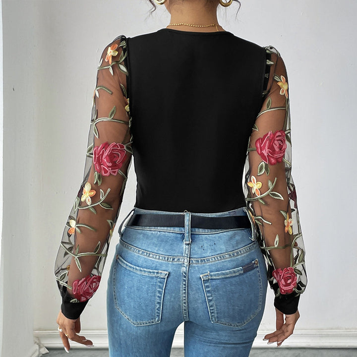 Women's Embroidered Mesh Body with V-Neck and Transparent Floral Sleeves Mune Fashion