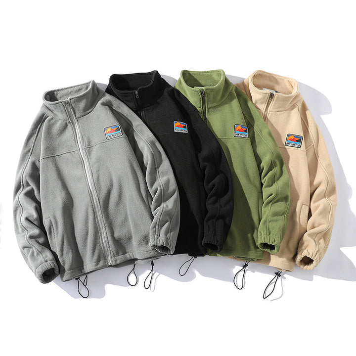 Men's fleece jacket with stand-up collar, full zip, elastic drawstring, and badge patch Mune Fashion