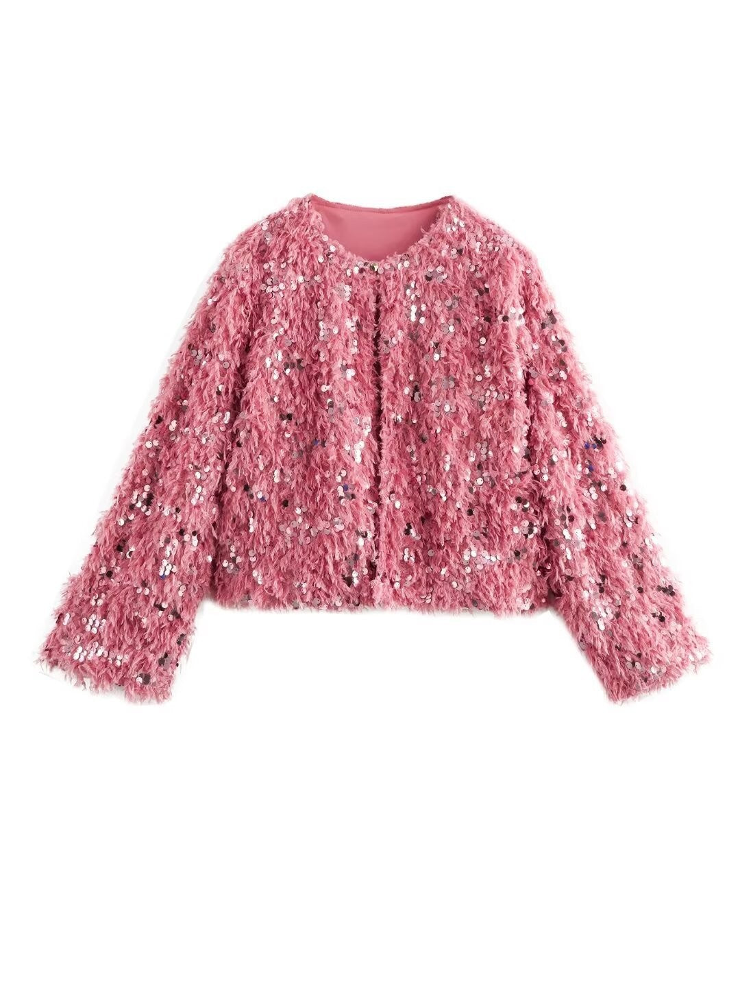 Women's Cropped Jacket made of fluffy Faux Fur with sequin trim Mune Fashion