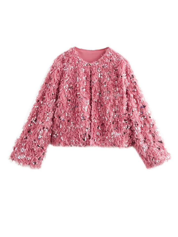 Women's Cropped Jacket made of fluffy Faux Fur with sequin trim Mune Fashion