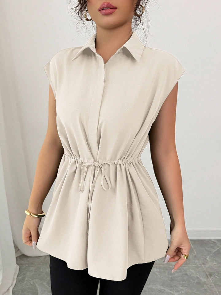 Women's Sleeveless Shirt Blouse Tunic with Drawstring Waistband Mune Fashion