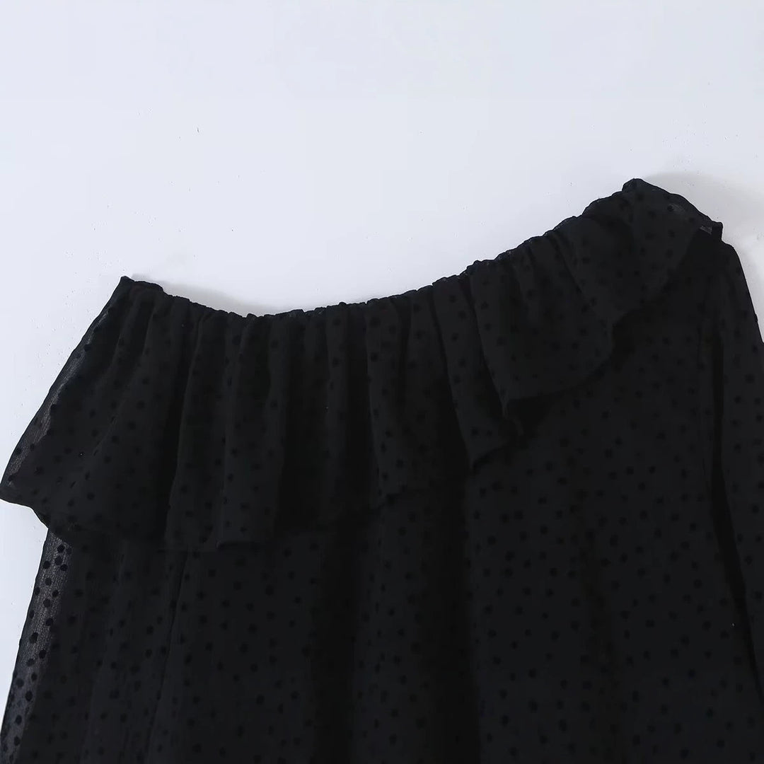 Women Off-the-Shoulder Chiffon Blouse with Ruffled Collar and Transparent Puff Sleeves Drune