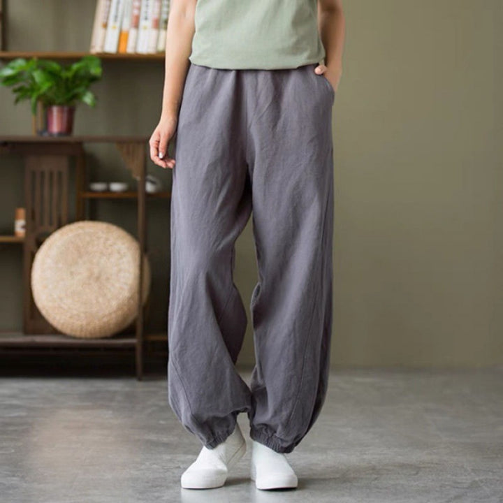 Women's relaxed linen harem pants with elastic waistband and ankle cuffs Mune Fashion