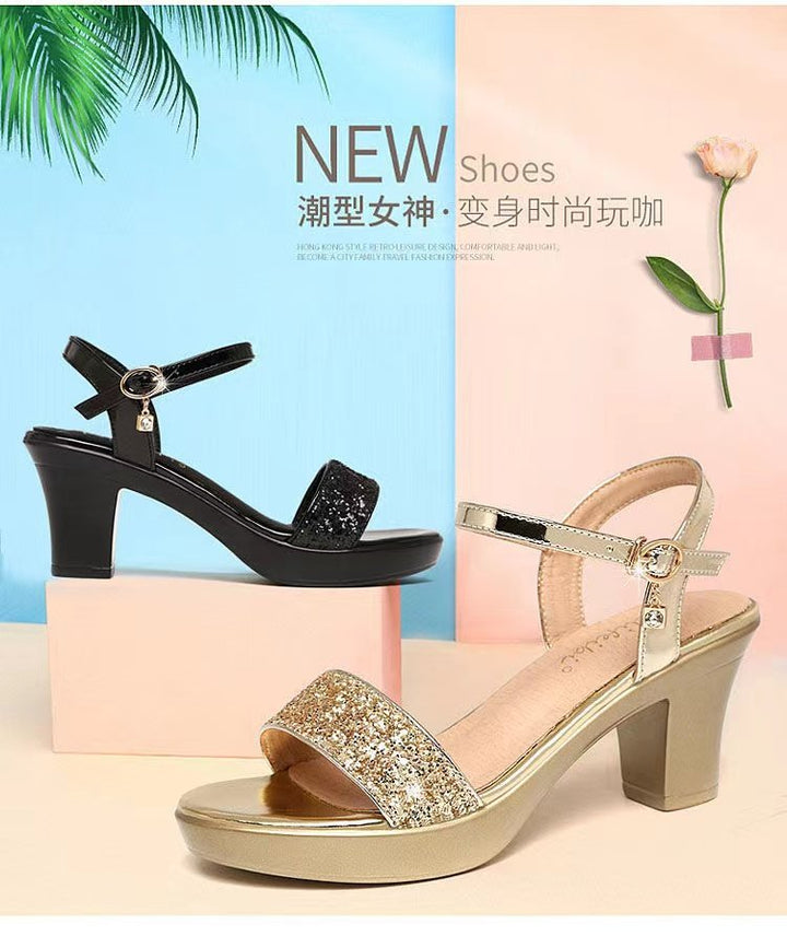 Women's Glitter T-Strap Sandals with Platform Effect and Stable Block Heel Mune Fashion