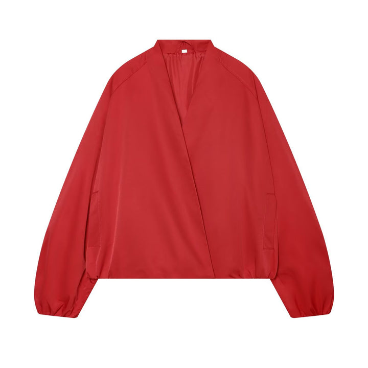 Women's Oversize Cropped Bomber Jacket with Open V-Neck and Elastic Hem Mune Fashion