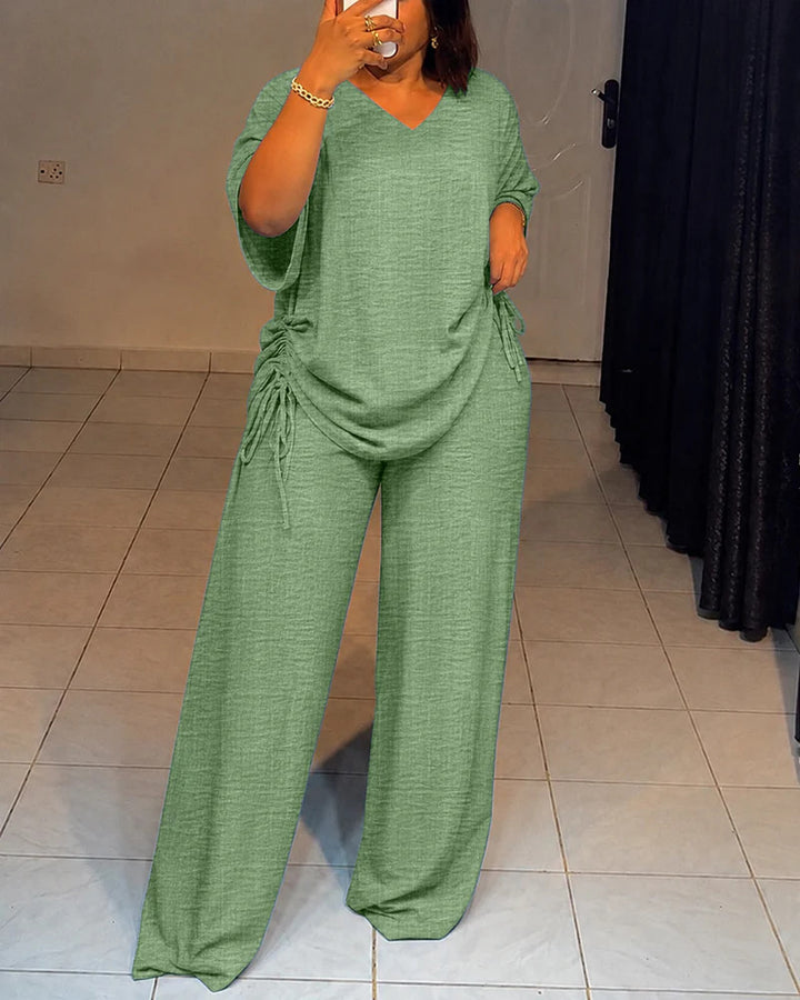 Women's Oversize Lounge Set with V-neck, side gathering, and wide palazzo pants Drune