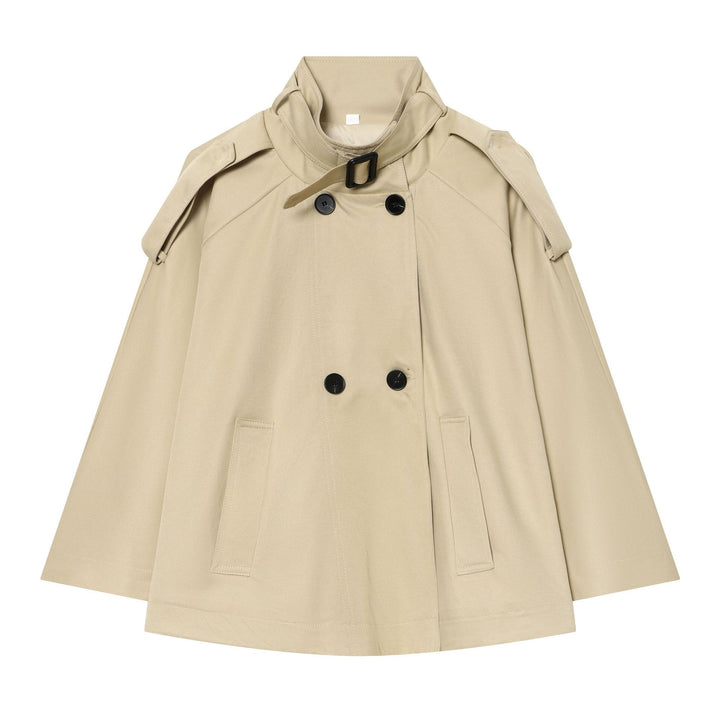 Women's Short Trench Cape with Double-Breasted, Funnel Collar and Shoulder Pads Mune Fashion