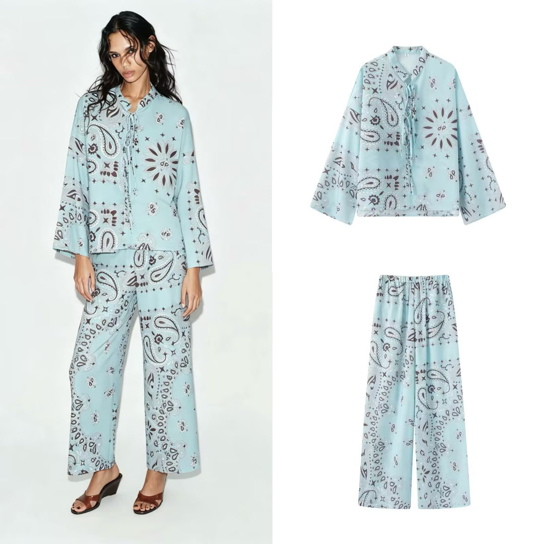 Women Wide Palazzo Pants with Paisley Print, High Waist and Elastic Drawstring Mune Fashion