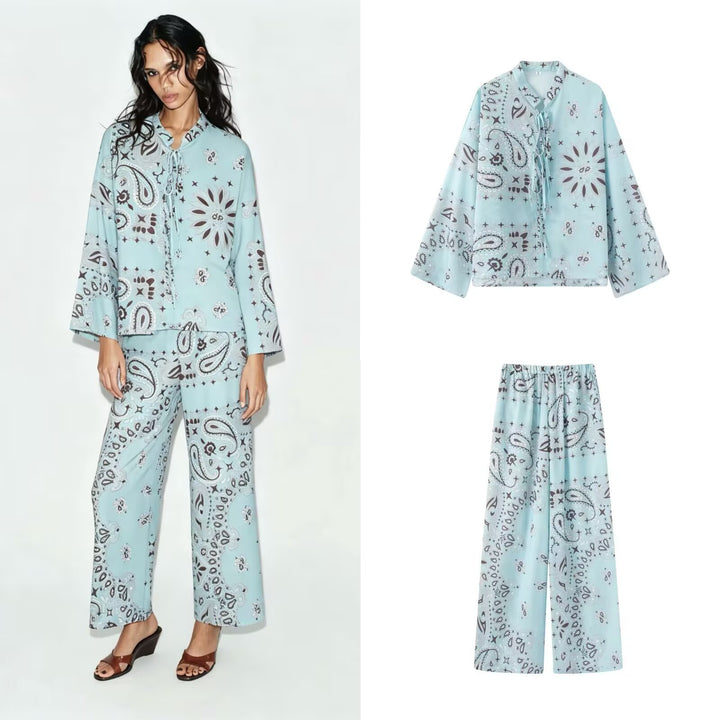 Women Wide Palazzo Pants with Paisley Print, High Waist and Elastic Drawstring Mune Fashion