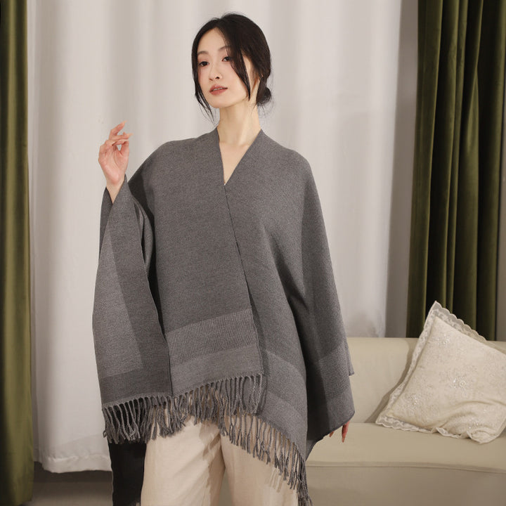Women's Rectangular Wool Blend Poncho with Open Front, Fine Overlock Stitching and Fringed Hem Mune Fashion