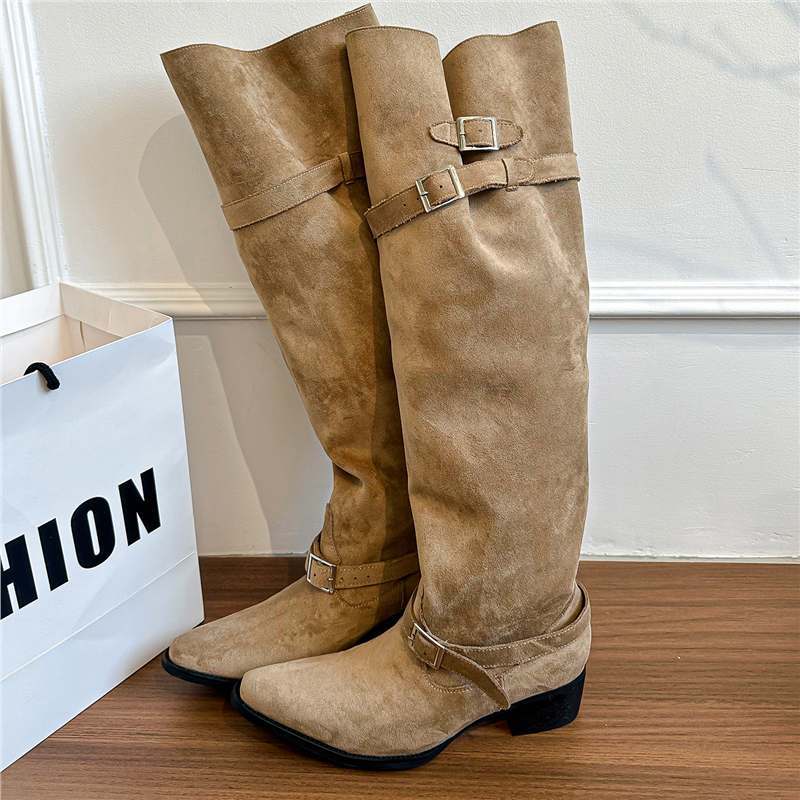 Ladies Knee-High Riding Style Boots with Adjustable Buckles Mune Fashion