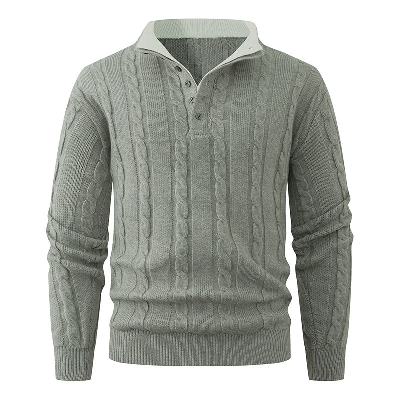 Men's Structured Cable Knit Sweater with Button Placket and Stand Collar Mune Fashion