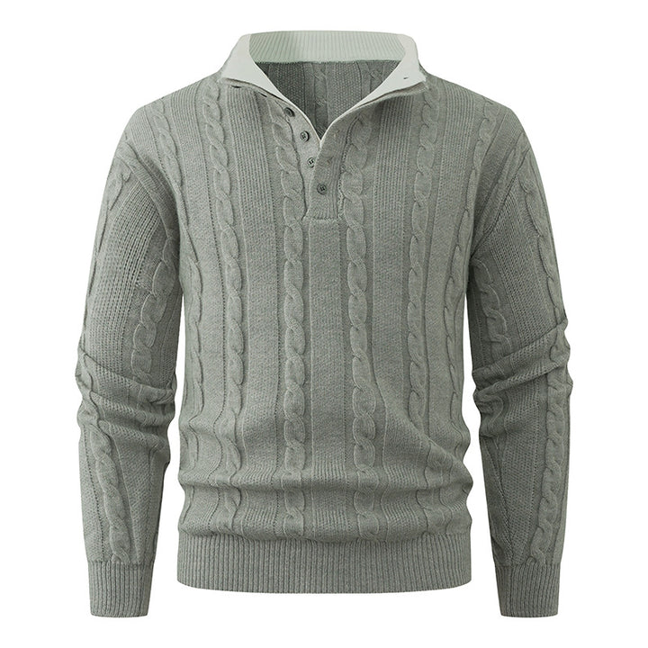 Men's Structured Cable Knit Sweater with Button Placket and Stand Collar Mune Fashion