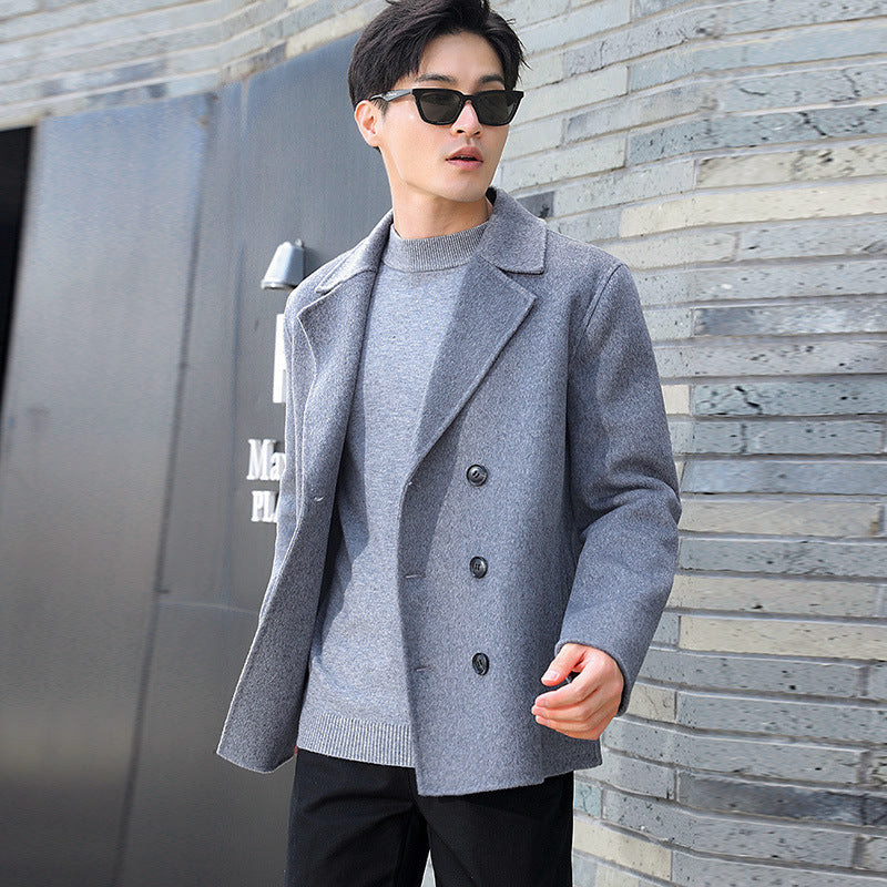 Men's Short Double-Breasted Wool Blend Peacoat with Notch Collar and Thermal Lining Mune Fashion