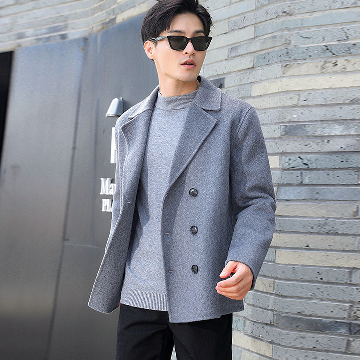 Men's Short Double-Breasted Wool Blend Peacoat with Notch Collar and Thermal Lining Mune Fashion