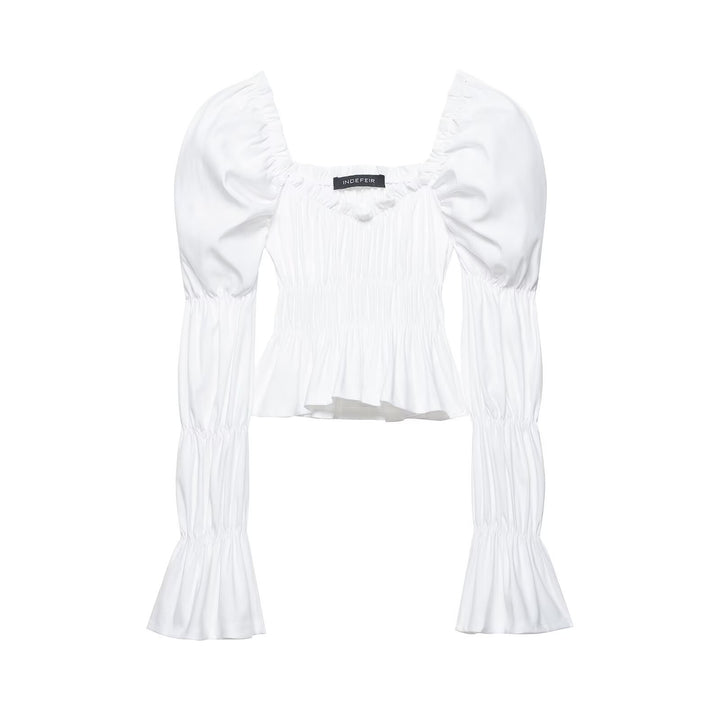 Women's Ruched Carmen Crop Top with Puff Sleeves, Smocked Waist and Tiered Sleeves Mune Fashion
