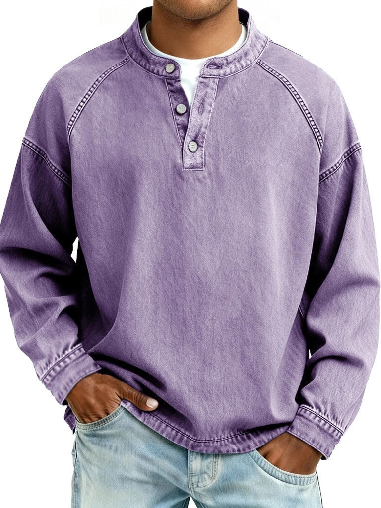 Men's Long Sleeve Henley Sweatshirt with Stand-Up Collar and Vintage Denim Effect Mune Fashion
