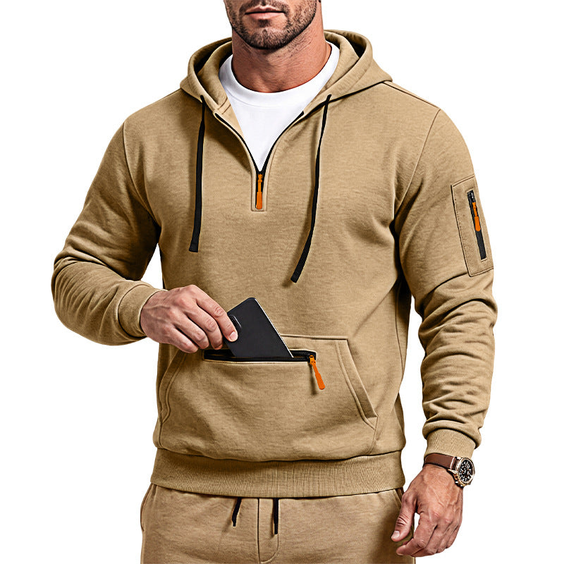 Men's sporty hoodie with half zipper and zippered kangaroo pocket Mune Fashion