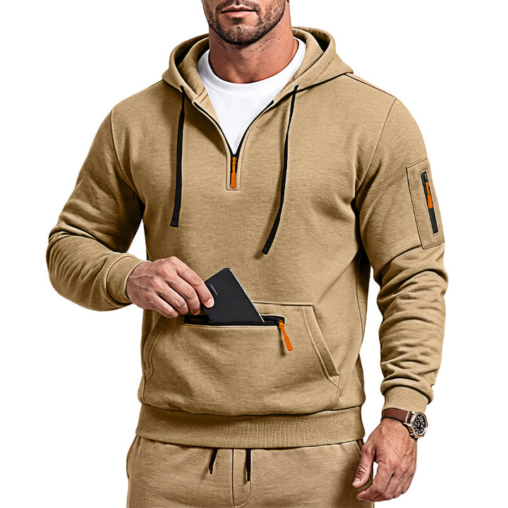 Men's sporty hoodie with half zipper and zippered kangaroo pocket Mune Fashion