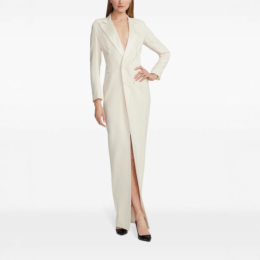 Women’s Long Tuxedo Jacket Dress with Fitted Cut and Leg Slit Mune Fashion