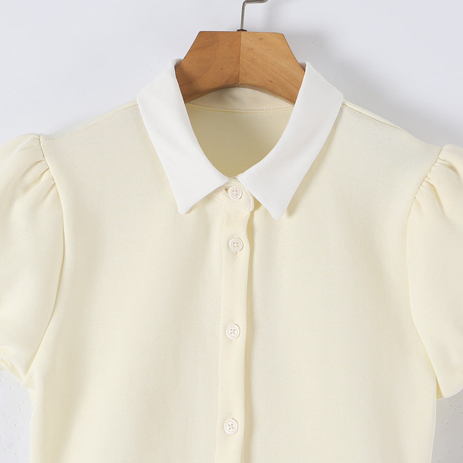 Women Fitted Shirt Dress with Puff Sleeves and Pleated Skirt Mune Fashion