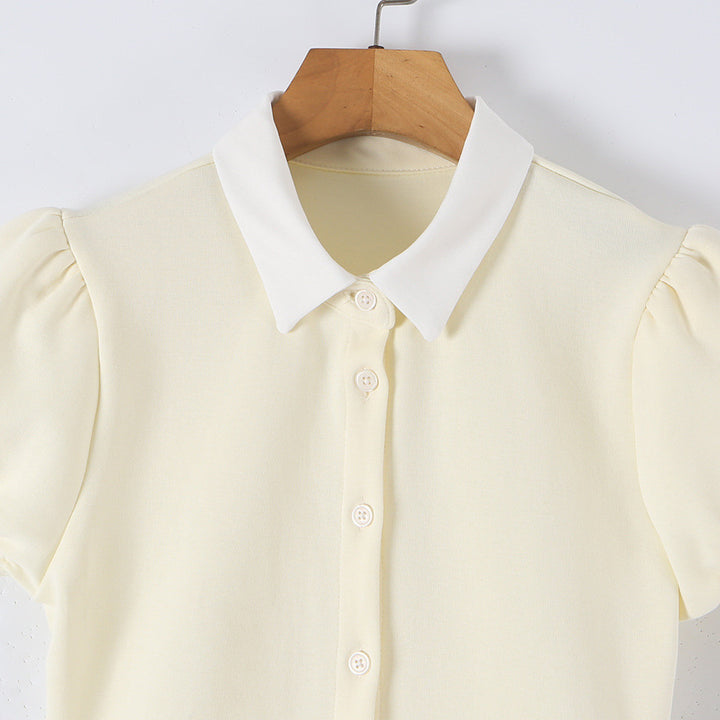 Women Fitted Shirt Dress with Puff Sleeves and Pleated Skirt Mune Fashion