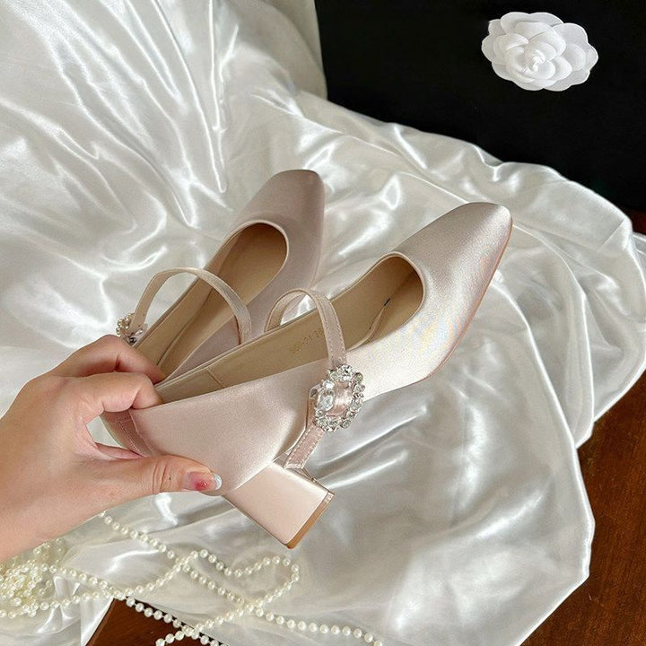 Women's Square Mary-Jane Pumps with Strap, Mid-High Block Heel and Crystal Buckle Mune Fashion
