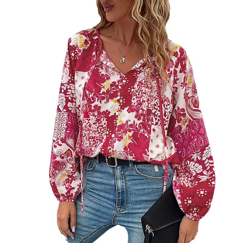 Women's Light Boho Blouse with Patchwork Print, Tied Slit and Balloon Sleeves Mune Fashion