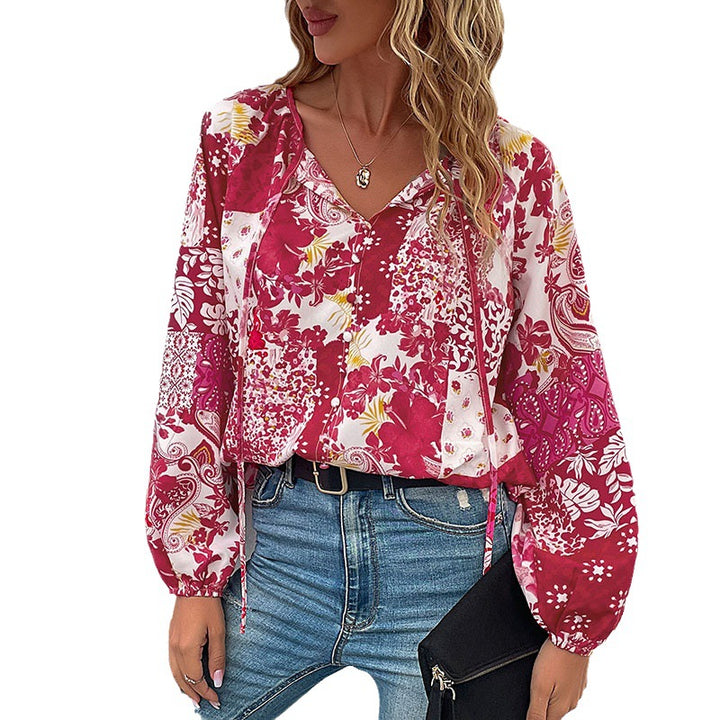 Women's Light Boho Blouse with Patchwork Print, Tied Slit and Balloon Sleeves Mune Fashion