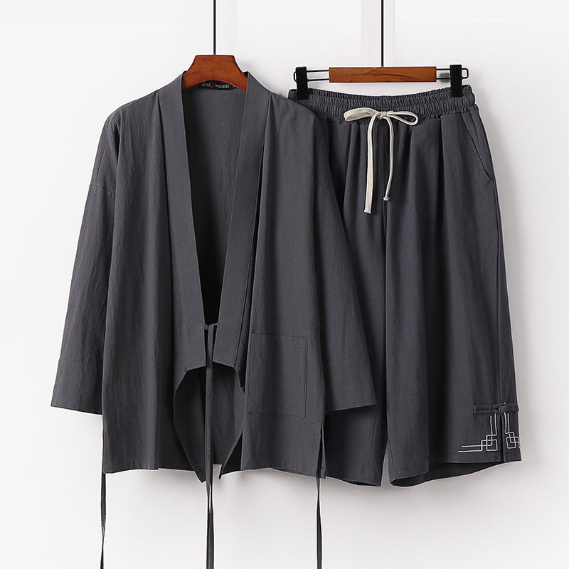 Women's Zen-Kimono-Lounge-Set made of breathable cotton blend with tie waist jacket and wide culotte pants Mune Fashion