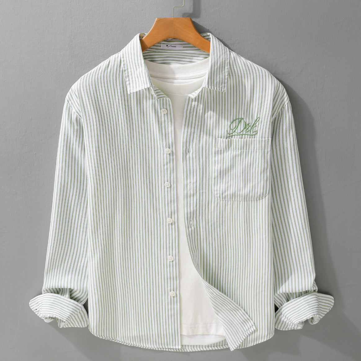 Men Striped Overshirt Shirt with Chest Pocket and Tonal Logo Embroidery Mune Fashion