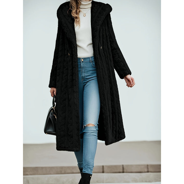 Women's Long Hooded Teddy Coat with Cable Knit Look Mune Fashion