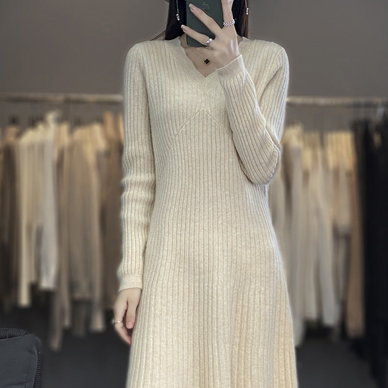 Women Long Ribbed Knit Midi Dress with Tailored Silhouette and A-Line Skirt Mune Fashion