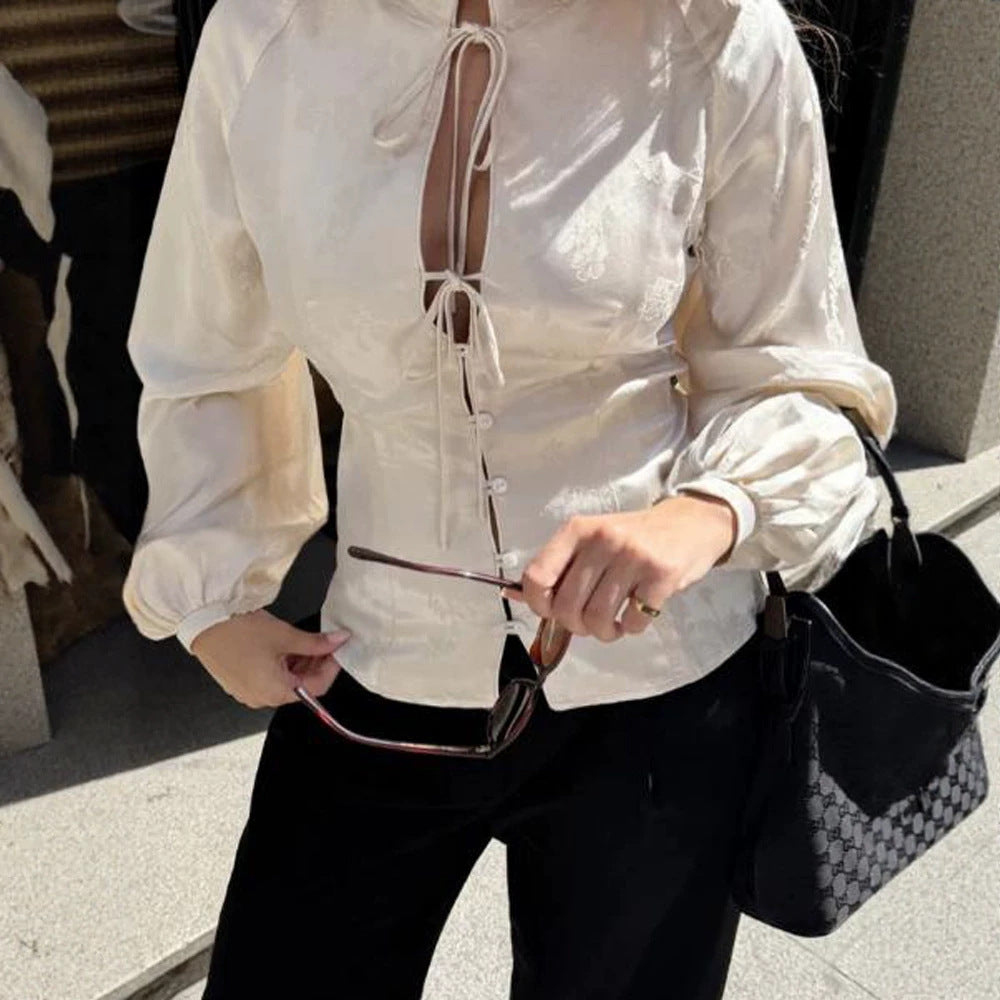 Women Jacquard Satin Blouse with Stand-up Collar, Ties and Fitted Peplum Mune Fashion