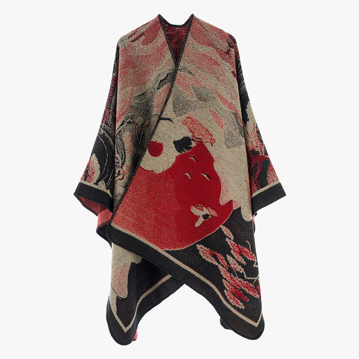 Women's jacquard cape with graphic floral motif and boxy oversized cut Mune Fashion