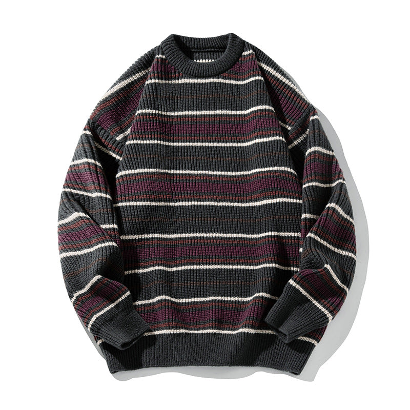 Unisex chunky knit sweater in stripe pattern with ribbed structure, round neck and drop shoulder Mune Fashion